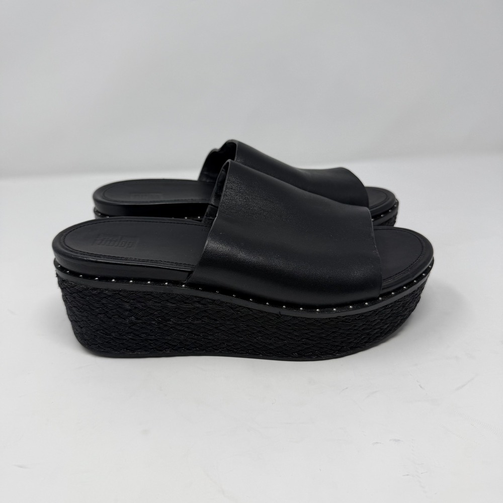 FitFlop Eloise Espadrille Wedge Slide Sandals Black Leather Women Size 7